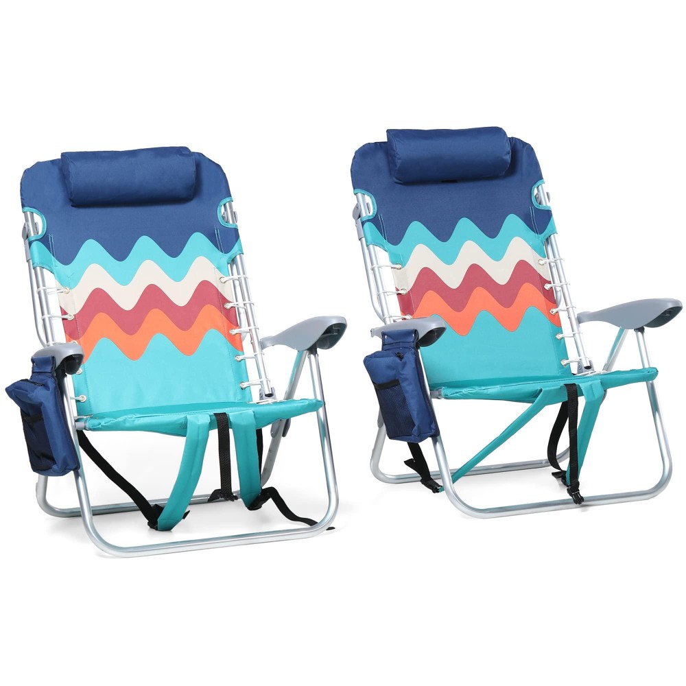 Alpha Camp Beach Chairs Set Of 2 With Cooler Bag 4 Position Classic Lay Flat Folding With Backpack Straps Support 250Lbs (Sky Blue)