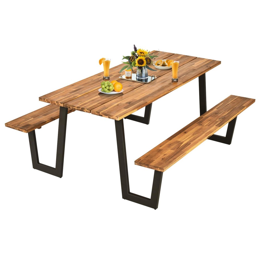 Tangkula Picnic Table With 2 Benches, Outdoor Acacia Wood Picnic Table Bench Set With 2-Inch Umbrella Hole, Wood-Like Texture Tabletop & Steel Frame, Outdoor Dining Table For Picnic, Party, Bbq