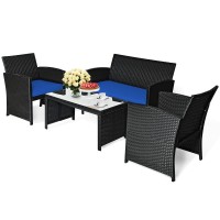 Kotek 4 Pieces Patio Furniture Set, Outdoor Rattan Wicker Patio Conversation Set, Outdoor Rattan Sofa And Table Set W/Cushions & Tempered Glass Tabletop For Garden, Lawn, Backyard (Navy)