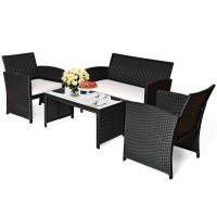 Kotek 4 Pieces Patio Furniture Set, Outdoor Rattan Wicker Patio Conversation Set, Outdoor Rattan Sofa And Table Set W/Cushions & Tempered Glass Tabletop For Garden, Lawn, Backyard (White)