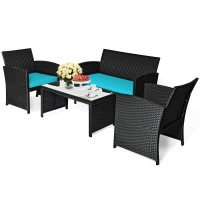 Kotek 4 Pieces Patio Furniture Set, Outdoor Rattan Wicker Patio Conversation Set, Outdoor Rattan Sofa And Table Set W/Cushions & Tempered Glass Tabletop For Garden, Lawn, Backyard (Turquoise)