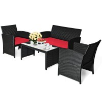 Kotek 4 Pieces Patio Furniture Set, Outdoor Rattan Wicker Patio Conversation Set, Outdoor Rattan Sofa And Table Set W/Cushions & Tempered Glass Tabletop For Garden, Lawn, Backyard (Red)