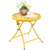 Teokj Folding Outdoor Side Tables, Anti Rust Small Patio Table Round Metal End Table With Flower Cutouts For Porch Yard Balcony Deck Lawn, Yellow