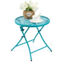 Teokj Folding Outdoor Side Tables Anti Rust Small Patio Table Round Metal End Table With Flower Cutouts For Porch Yard Balcony