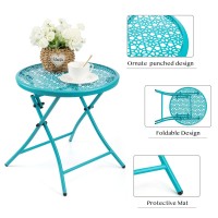 Teokj Folding Outdoor Side Tables Anti Rust Small Patio Table Round Metal End Table With Flower Cutouts For Porch Yard Balcony