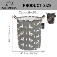 Collapsible Laundry Basket - Godenmoning 2X 62.8L Large Sized Round Waterproof Storage Bin With Leather Handles,Home Decor,Toy Organizer,Children Nursery Hamper.(2 Packs,Black Marbling & Grey Deer, 1+1)