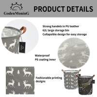 Collapsible Laundry Basket - Godenmoning 2X 62.8L Large Sized Round Waterproof Storage Bin With Leather Handles,Home Decor,Toy Organizer,Children Nursery Hamper.(2 Packs,Black Marbling & Grey Deer, 1+1)