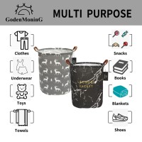 Collapsible Laundry Basket - Godenmoning 2X 62.8L Large Sized Round Waterproof Storage Bin With Leather Handles,Home Decor,Toy Organizer,Children Nursery Hamper.(2 Packs,Black Marbling & Grey Deer, 1+1)