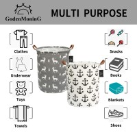Collapsible Laundry Basket - Godenmoning 2X 62.8L Large Sized Round Waterproof Storage Bin With Leather Handles,Home Decor,Toy Organizer,Children Nursery Hamper.(2 Packs,Anchor & Grey Deer)