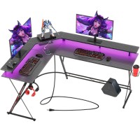 Seven Warrior L Shaped Gaming Desk With Led Lights & Power Outlets, 58? Computer Desk With Monitor Stand & Carbon Fiber Surface, Corner Desk With Cup Holder, Gaming Table With Hooks, Black