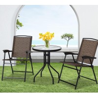 Tangkula 3 Pieces Patio Bistro Set, Outdoor Folding Chairs & Table Set With Tempered Glass Tabletop, Round Table & 2 Foldable Chairs, Small Outdoor Furniture Set For Garden, Poolside & Backyard