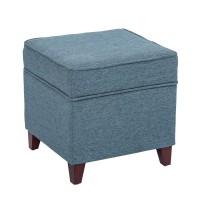 Adeco 18 Inch High Cube Ottoman Storage, Linen Beige Chair Foot Stools With Tray, Upholstered Vanity Stool With Solid Wood Legs