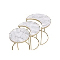 Metal Nesting Coffee Table with Faux Marble Top, Set of 3, Gold and White