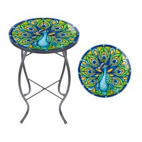 Mumtop Outdoor Side Table - Small Mosaic Patio Table, 14 Round Accent End Coffee Table Glass Plant Stand For Garden Patio Living Room(Peacock)