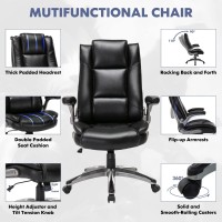 High Back Executive Office Chair-Ergonomic Bonded Leather Computer Chair With Flip-Up Arms, Adjustable Tilt Tension, Padded Armrests, Swivel Rolling Home Desk Chair-Black,300Lbs