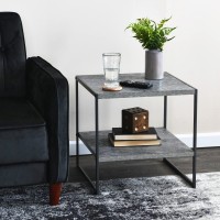 Household Essentials Jamestown Square Side End Table With Storage Shelf Rustic Slate Concrete And Black Metal Grey