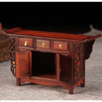 Qianwan Meditation Table Personal Wood Stand With Storage , Small Wooden Shrine Altar Cabinet Hand Carved,Meditation Buddhist Puja Statues Door And Drawer F, Brown, 11.3 X 2.76 X3.82 In