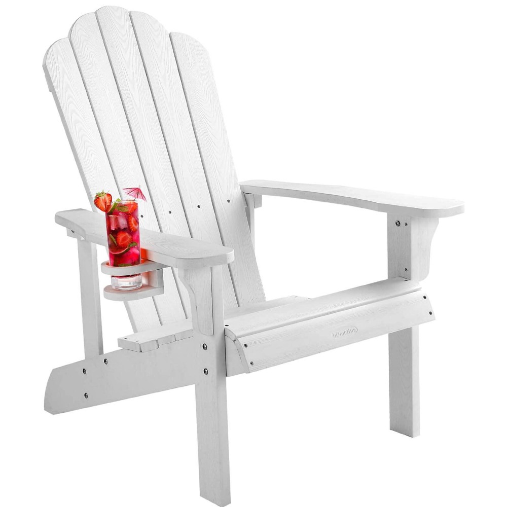 Homehua Hard Plastic Adirondack Chair Weather Resistant With Cup Holder Imitation Wood Stripes Easy To Assemble Maintain Ou