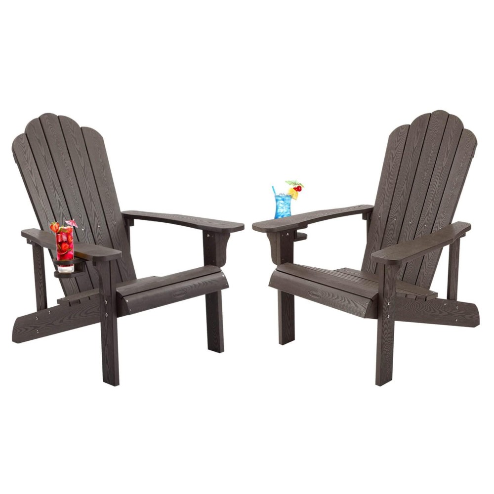 Adirondack Chair Set Of 2 Adirondack Chair Weather Resistant With Cup Holder Imitation Wood Stripes Easy To Assemble Outdoor