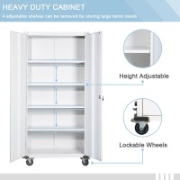 Greenvelly White Metal Cabinet With Wheels 75 Locking Storage Cabinet With Door And 4 Shelves Tall Heavy Duty Lockable Rollin