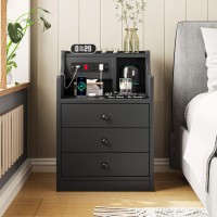 Tiptiper Black Nightstand With Charging Station 3 Drawers, Wood Sofa End Side Table With Usb Ports And Outlet, Bedside Table Bedroom Nightstand With Sliding Drawer & Hutch