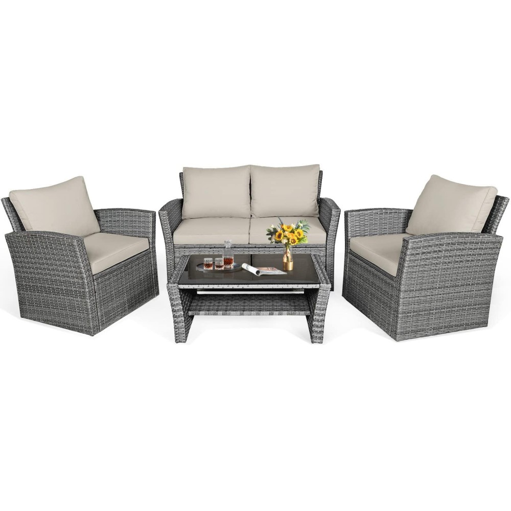 Happygrill 4 Pieces Conversation Set Outdoor Patio Rattan Furniture Set With Cushions And Coffee Table, Sectional Wicker Sofa Set For Garden Porch Balcony Poolside