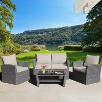 Happygrill 4 Pieces Conversation Set Outdoor Patio Rattan Furniture Set With Cushions And Coffee Table, Sectional Wicker Sofa Set For Garden Porch Balcony Poolside