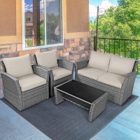 Happygrill 4 Pieces Conversation Set Outdoor Patio Rattan Furniture Set With Cushions And Coffee Table, Sectional Wicker Sofa Set For Garden Porch Balcony Poolside