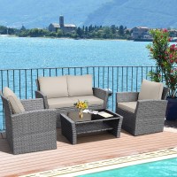 Happygrill 4 Pieces Conversation Set Outdoor Patio Rattan Furniture Set With Cushions And Coffee Table, Sectional Wicker Sofa Set For Garden Porch Balcony Poolside