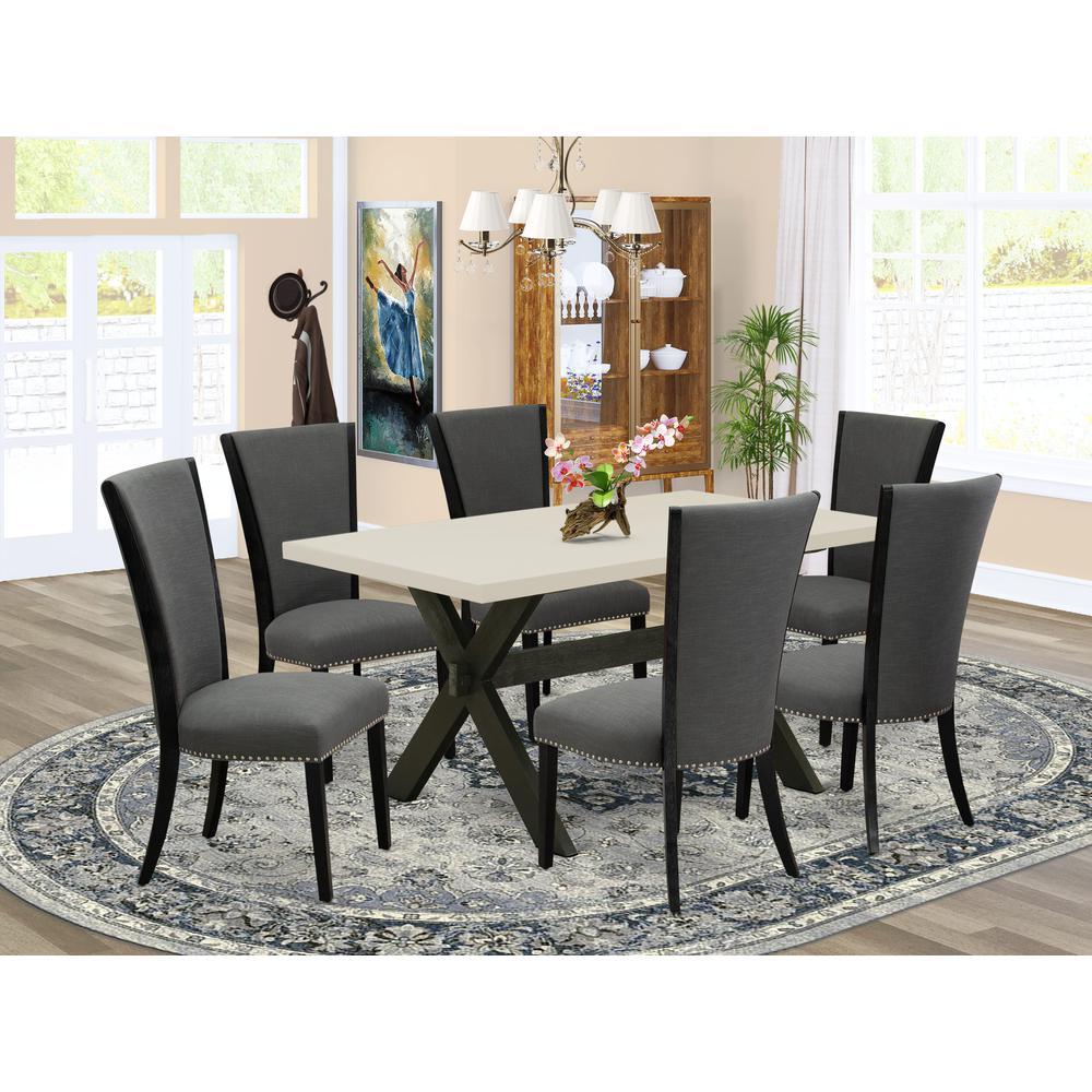East West Furniture 7 Pc Dinner Table Set Consists of a Linen White Modern Kitchen Table and 6 Dark Gotham Grey Linen Fabric Dining Chairs with High Back - Wire Brushed Black Finish