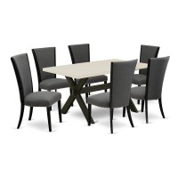 East West Furniture 7 Pc Dinner Table Set Consists of a Linen White Modern Kitchen Table and 6 Dark Gotham Grey Linen Fabric Dining Chairs with High Back - Wire Brushed Black Finish