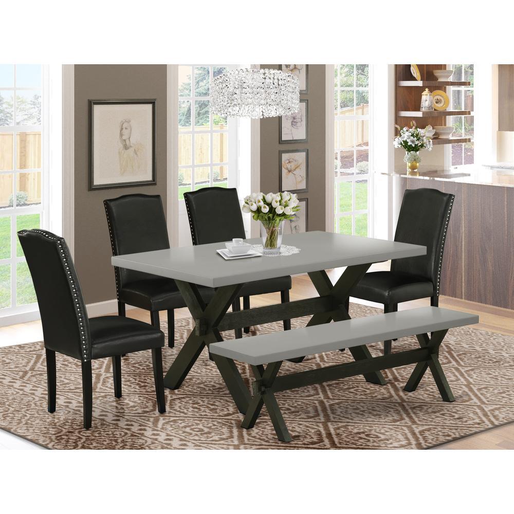 East West Furniture 6 Pc Dining Room Table Set Includes a Cement Wooden Dining Table and a Modern Bench 4 Black PU Leather Pars