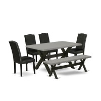 East West Furniture 6 Pc Dining Room Table Set Includes a Cement Wooden Dining Table and a Modern Bench 4 Black PU Leather Pars