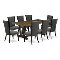 East West Furniture 9 Pc Kitchen Table Set Contains a Distressed Jacobean Dining Table and 8 Dark Gotham Grey Linen Fabric Dining Chairs with High Back - Wire Brushed Black Finish