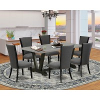 East West Furniture 7 Pc Kitchen Dining Table Set Includes a Cement Kitchen Table and 6 Dark Gotham Grey Linen Fabric Upholstered Chairs with High Back - Wire Brushed Black Finish