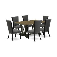 East West Furniture 7 Piece Dining Set Contains a Distressed Jacobean Wooden Dining Table and 6 Dark Gotham Grey Linen Fabric Dining Chairs with High Back - Wire Brushed Black Finish