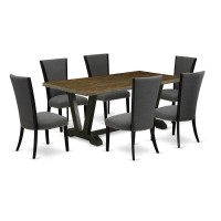 East West Furniture 7 Piece Dining Set Contains a Distressed Jacobean Dining Room Table and 6 Dark Gotham Grey Linen Fabric Parsons Chairs with High Back - Wire Brushed Black Finish