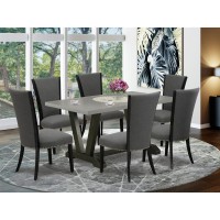 East West Furniture 7 Pc Dinner Table Set Includes a Cement Kitchen Table and 6 Dark Gotham Grey Linen Fabric Upholstered Dining Chairs with High Back - Wire Brushed Black Finish