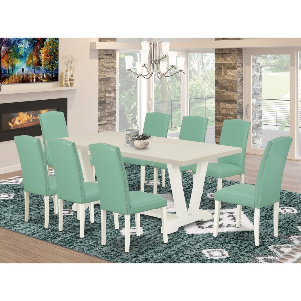 East West Furniture 9 Piece Kitchen Table Set Includes a Linen White Wooden Dining Table and 8 Pond PU Leather Dining Room Chairs with High Back - Wire Brushed Linen White Finish