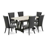 East West Furniture 7 Piece Dining Room Table Set Consists of a Linen White Wooden Table and 6 Dark Gotham Grey Linen Fabric Dining Chairs with High Back - Wire Brushed Black Finish