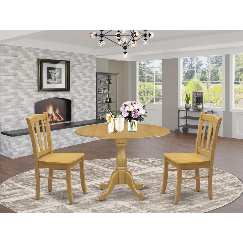 East West Furniture 3-Piece Dining Room Set- 2 Wood Chair with Wooden Seat and Slatted Chair Back - Dropleafs Round Dining Table - Oak Finish