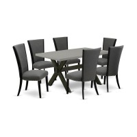 East West Furniture 7 Piece Modern Dining Table Set Consists of a Cement Wooden Dining Table and 6 Dark Gotham Grey Linen Fabric Kitchen Chairs with High Back - Wire Brushed Black Finish
