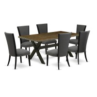 East West Furniture 7 Pc Dining Set Contains a Distressed Jacobean Modern Dining Table and 6 Dark Gotham Grey Linen Fabric Parson Dining Chairs with High Back - Wire Brushed Black Finish