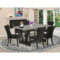 East West Furniture 7 Piece Dining Room Table Set Consists of a Cement Wood Dining Table and 6 Black Linen Fabric Modern Dining Chairs with Button Tufted Back - Wire Brushed Black Finish