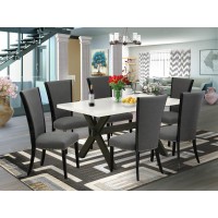East West Furniture 7 Pc Dinette Set Includes a Distressed Jacobean Wood Table and 6 Dark Gotham Grey Linen Fabric Modern Dining Chairs with High Back - Wire Brushed Black Finish