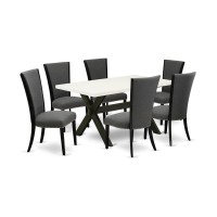 East West Furniture 7 Pc Dinette Set Includes a Distressed Jacobean Wood Table and 6 Dark Gotham Grey Linen Fabric Modern Dining Chairs with High Back - Wire Brushed Black Finish
