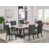 East West Furniture 7 Piece Modern Dining Set Consists of a Linen White Dinning Table and 6 Dark Gotham Grey Linen Fabric Parson Chairs with High Back - Wire Brushed Black Finish
