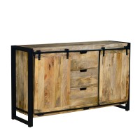 59 Inch 3 Drawer Wooden Sideboard with Barn Style 2 Sliding Doors Brown and Black(D0102H7UQYJ)