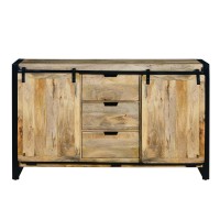 59 Inch 3 Drawer Wooden Sideboard with Barn Style 2 Sliding Doors Brown and Black(D0102H7UQYJ)