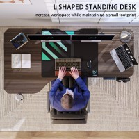 Jwx Standing Desk, L Shaped Adjustable Standing Desk, 63'' Corner Height Adjustable Desk With Cup Holder, Headphone Hook, Cable Manager, And Mouse Pad, Brown Panel
